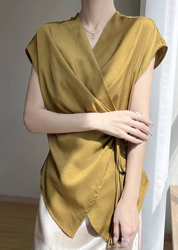 Loose Gold V Neck Lace Up Silk Shirts Summer