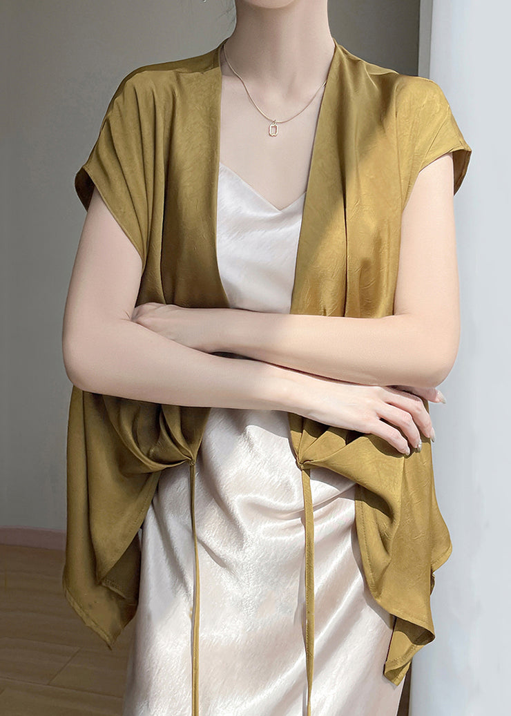 Loose Gold V Neck Lace Up Silk Shirts Summer
