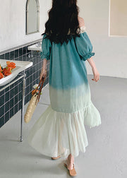 Loose Gradient Color Ruffled Tulle Patchwork Long Dresses Butterfly Sleeve