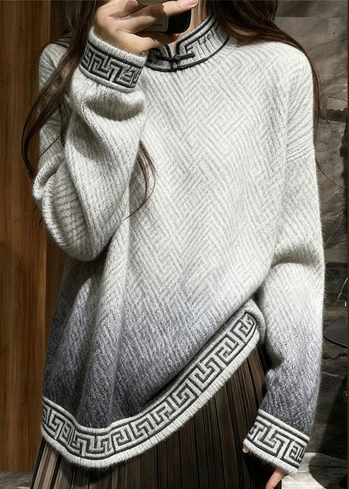 Loose Gradient Color Stand Collar Geometric Knit Sweaters Winter
