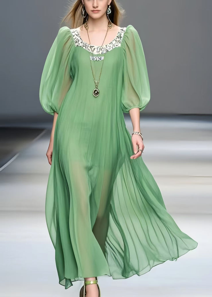 Loose Grass Green Puff Sleeve Patchwork Chiffon Summer Dress