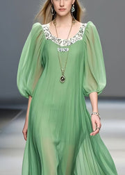 Loose Grass Green Puff Sleeve Patchwork Chiffon Summer Dress