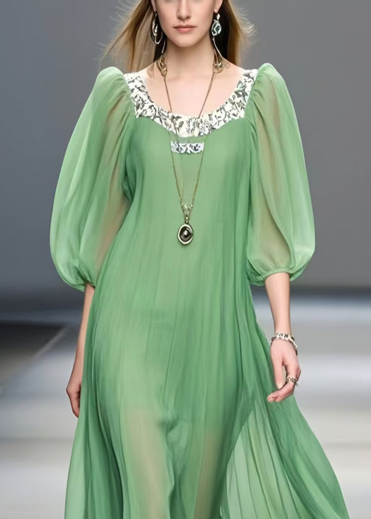 Loose Grass Green Puff Sleeve Patchwork Chiffon Summer Dress