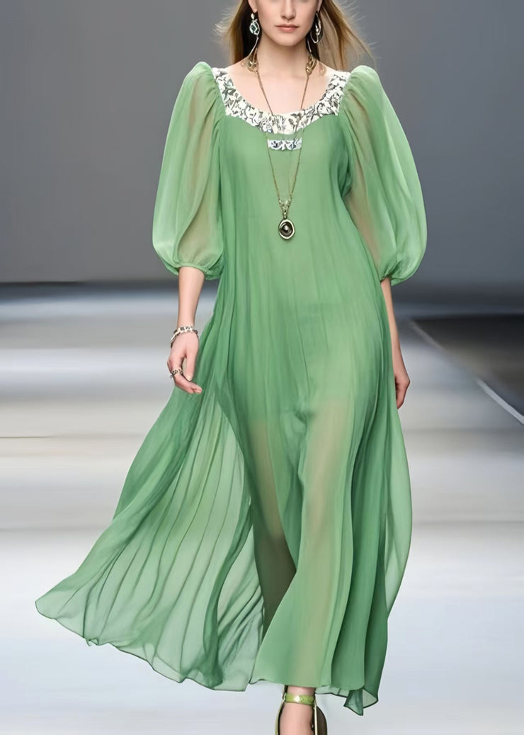 Loose Grass Green Puff Sleeve Patchwork Chiffon Summer Dress