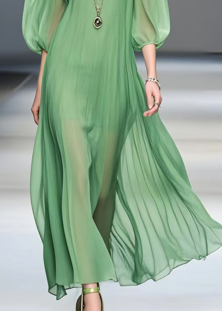 Loose Grass Green Puff Sleeve Patchwork Chiffon Summer Dress