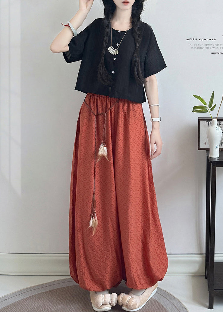 Loose Grass Green Tasseled Print Cotton Pants Fall