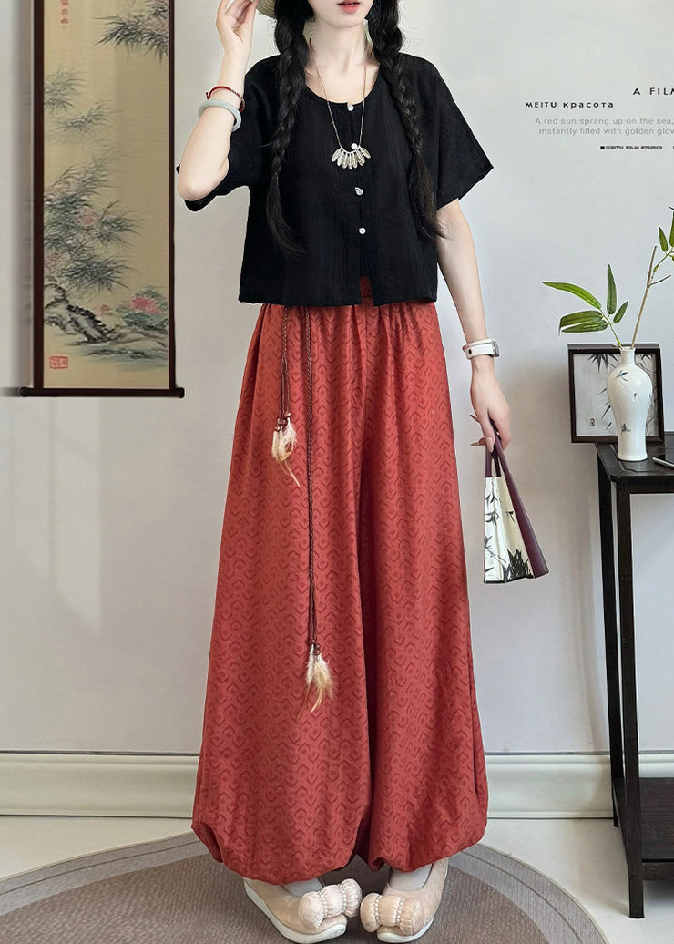Loose Grass Green Tasseled Print Cotton Pants Fall