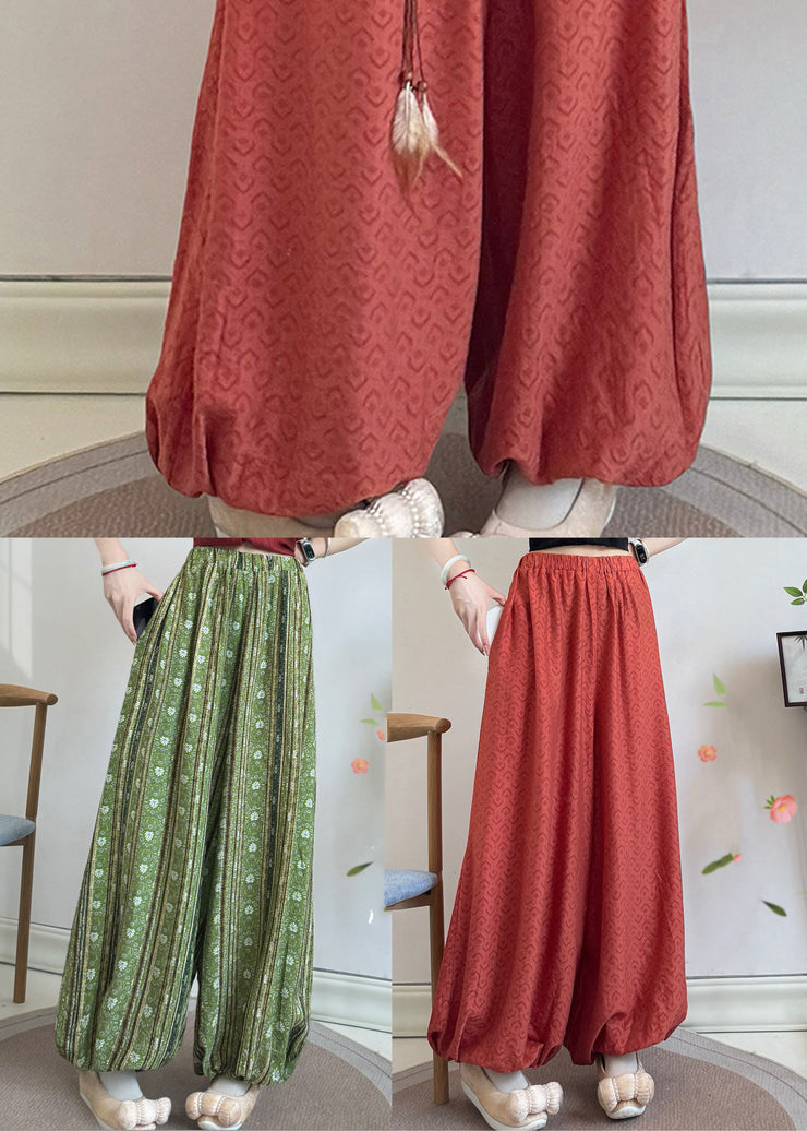 Loose Grass Green Tasseled Print Cotton Pants Fall