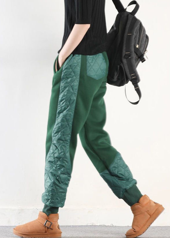 Loose Green Asymmetrical Pockets Patchwork Cotton Filled Pants Winter