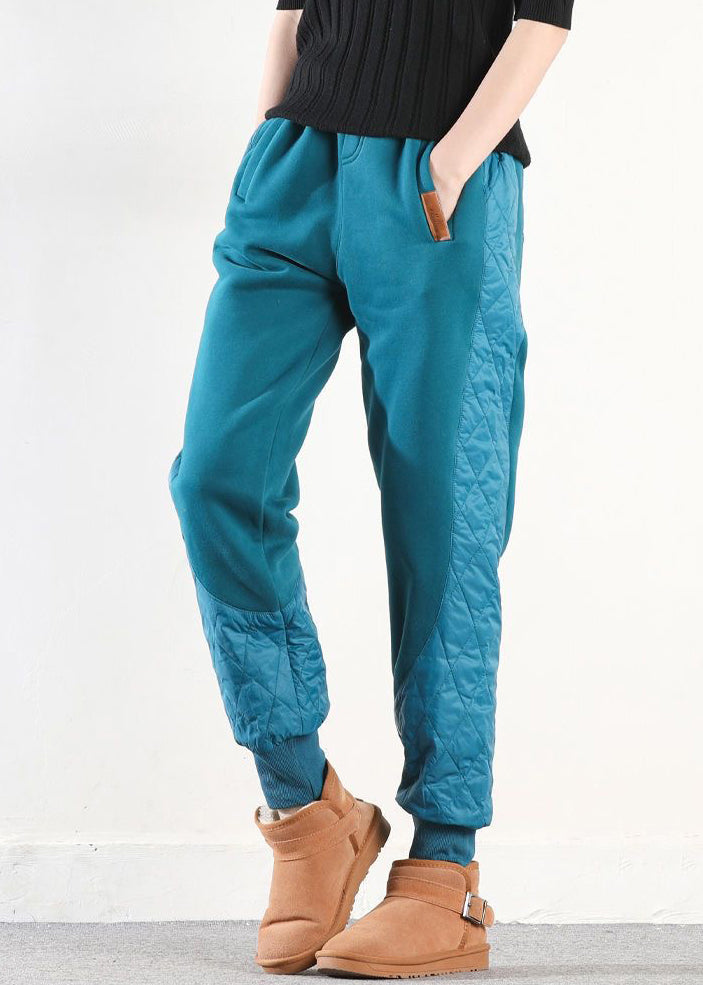 Loose Green Asymmetrical Pockets Patchwork Cotton Filled Pants Winter