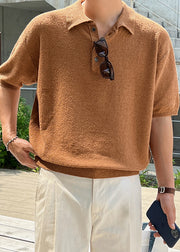 Loose Green Button Cozy Knit Men Polo Shirt Half Sleeve