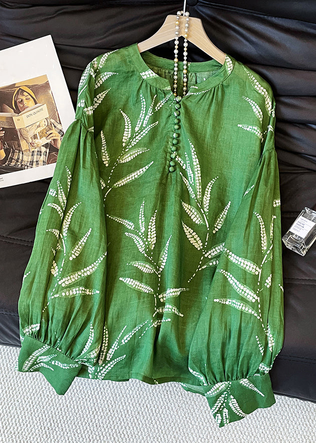 Loose Green Button Print Cotton Shirt Fall