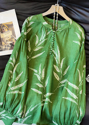 Loose Green Button Print Cotton Shirt Fall