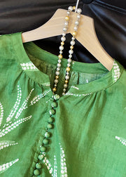 Loose Green Button Print Cotton Shirt Fall