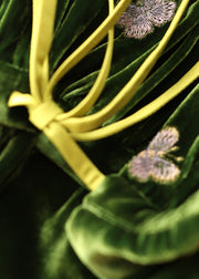 Loose Green Embroidered Butterfly Lace Up Silk Velvet Long Dress Fall