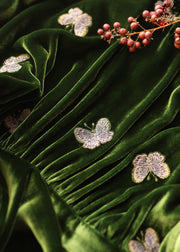 Loose Green Embroidered Butterfly Lace Up Silk Velvet Long Dress Fall