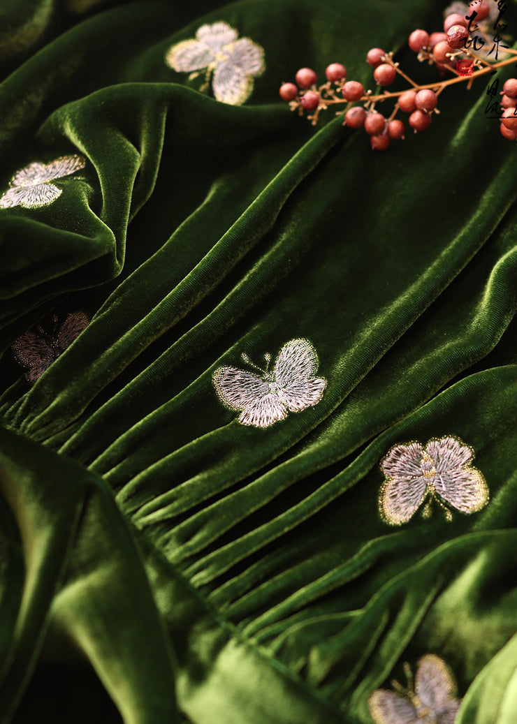 Loose Green Embroidered Butterfly Lace Up Silk Velvet Long Dress Fall