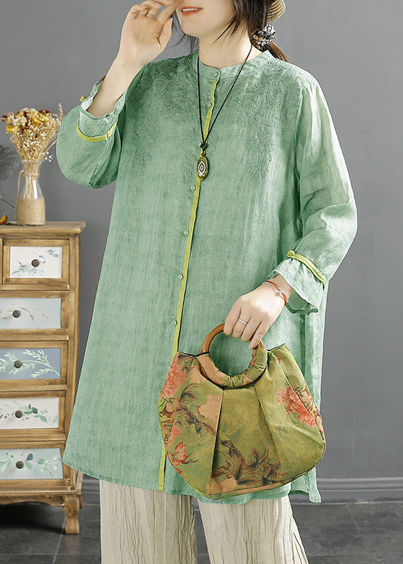 Loose Green Embroidered Button Cotton Shirt Summer