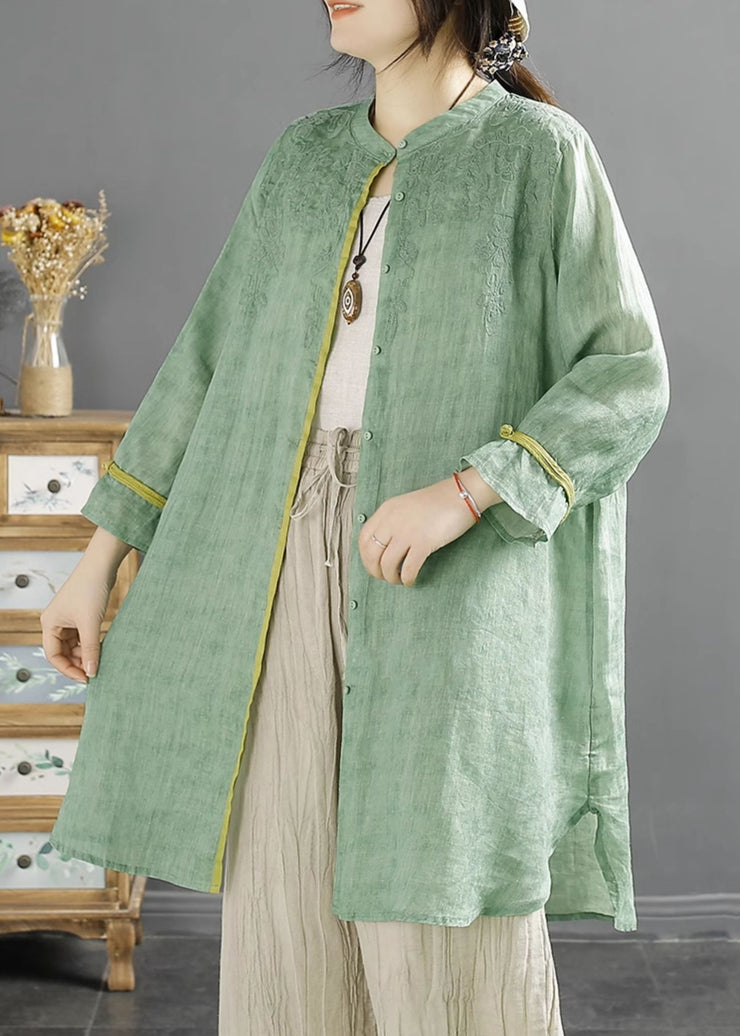 Loose Green Embroidered Button Cotton Shirt Summer