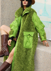 Loose Green Fluffy Pockets Patchwork Duck Down Down Long Coats Winter