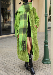 Loose Green Fluffy Pockets Patchwork Duck Down Down Long Coats Winter