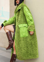 Loose Green Fluffy Pockets Patchwork Duck Down Down Long Coats Winter