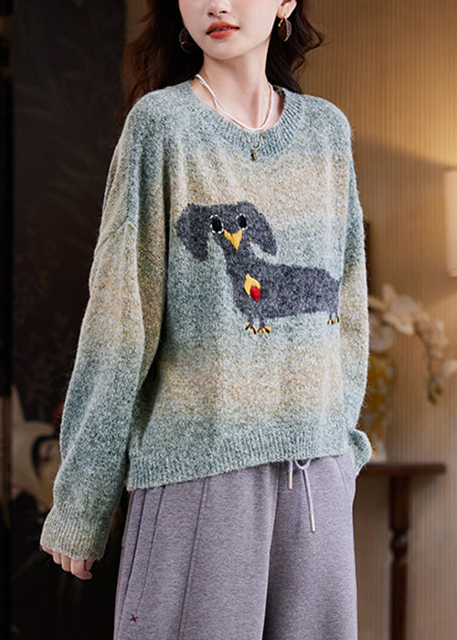 Loose Green Gradient Color O Neck Animal Knit Sweater Winter