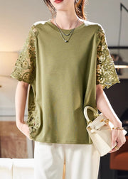 Loose Green Hollow Out Lace Patchwork T Shirts Summer