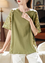 Loose Green Hollow Out Lace Patchwork T Shirts Summer
