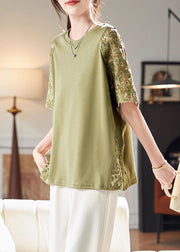 Loose Green Hollow Out Lace Patchwork T Shirts Summer