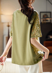 Loose Green Hollow Out Lace Patchwork T Shirts Summer