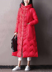 Loose Green Hooded Chinese Button Side Open Duck Down Long Coat Winter