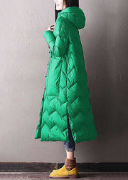 Loose Green Hooded Chinese Button Side Open Duck Down Long Coat Winter