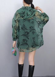 Loose Green Hooded Print Thin Coats Summer