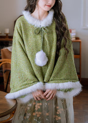 Loose Green Lace Up Fuzzy Ball Patchwork Knit Coat Winter