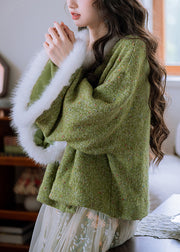 Loose Green Lace Up Fuzzy Ball Patchwork Knit Coat Winter