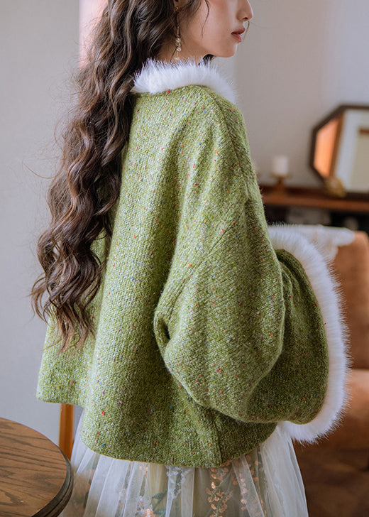Loose Green Lace Up Fuzzy Ball Patchwork Knit Coat Winter