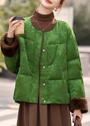 Loose Green O Neck Fluffy Patchwork Down Coats Winter