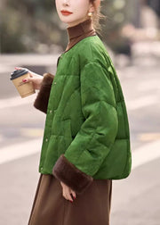 Loose Green O Neck Fluffy Patchwork Down Coats Winter