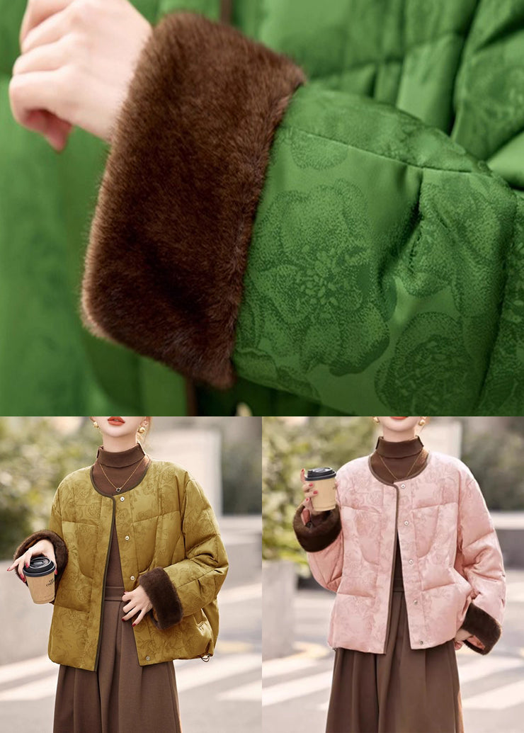 Loose Green O Neck Fluffy Patchwork Down Coats Winter
