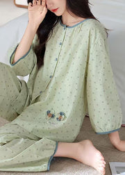 Loose Green O Neck Print Elastic Waist Cotton Pajamas Two Pieces Set Fall