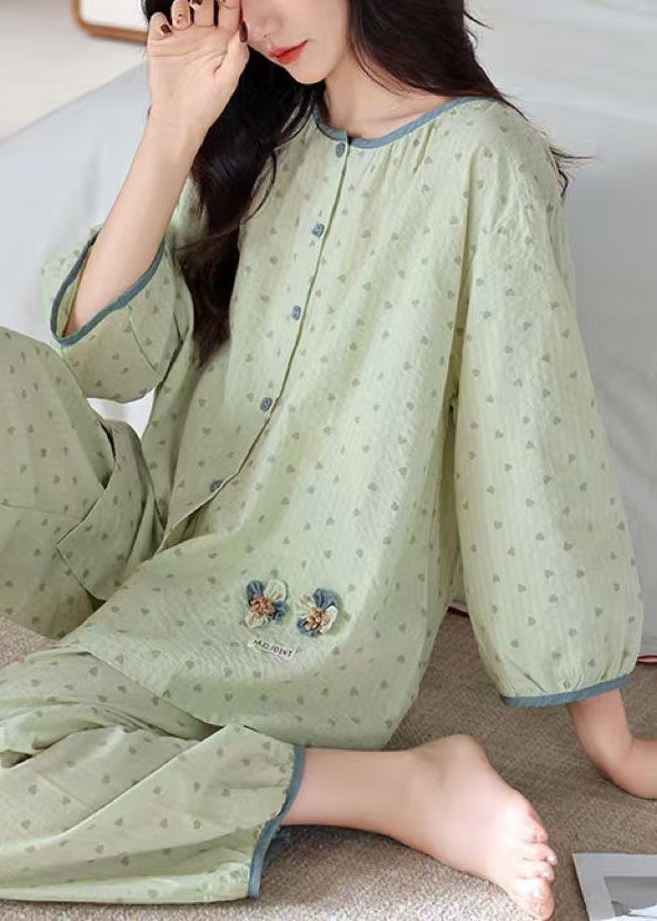 Loose Green O Neck Print Elastic Waist Cotton Pajamas Two Pieces Set Fall