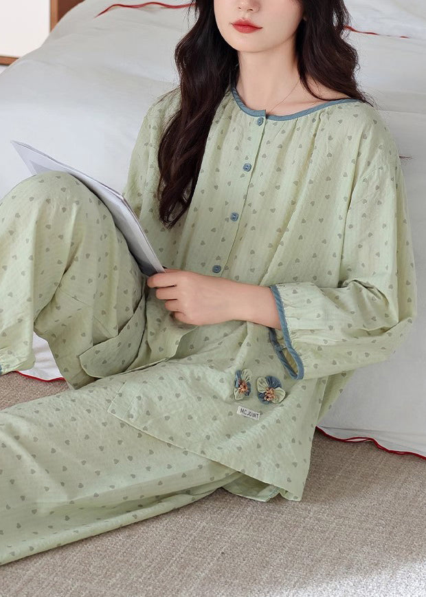 Loose Green O Neck Print Elastic Waist Cotton Pajamas Two Pieces Set Fall