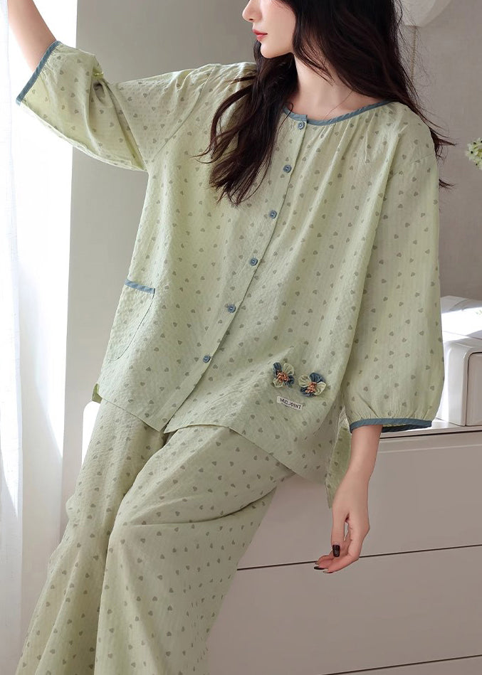Loose Green O Neck Print Elastic Waist Cotton Pajamas Two Pieces Set Fall