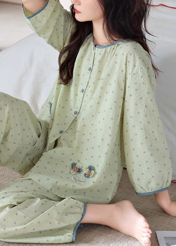 Loose Green O Neck Print Elastic Waist Cotton Pajamas Two Pieces Set Fall