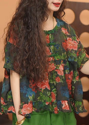 Loose Green O Neck Print Oriental Button Cotton Top Summer