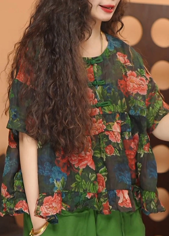 Loose Green O Neck Print Oriental Button Cotton Top Summer