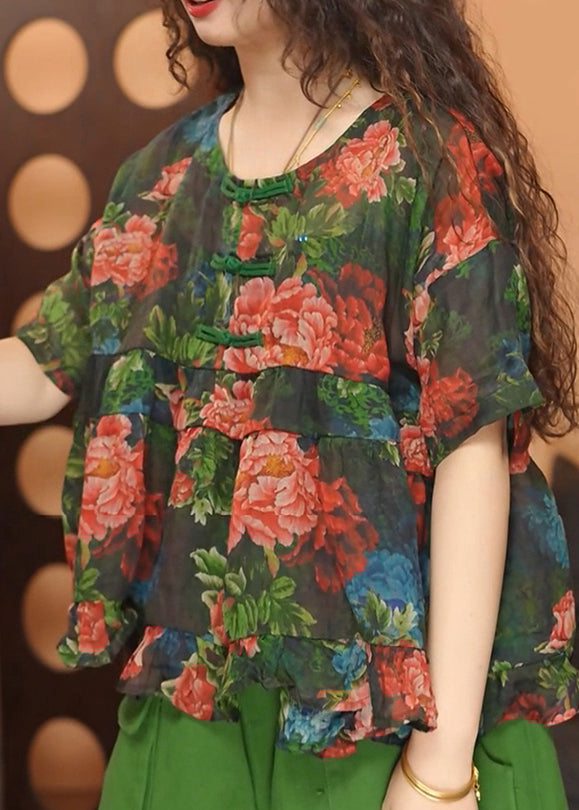 Loose Green O Neck Print Oriental Button Cotton Top Summer