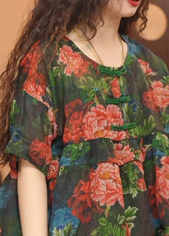 Loose Green O Neck Print Oriental Button Cotton Top Summer