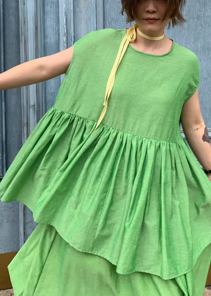 Loose Green O-Neck Wrinkled Solid Cotton Shirts Summer
